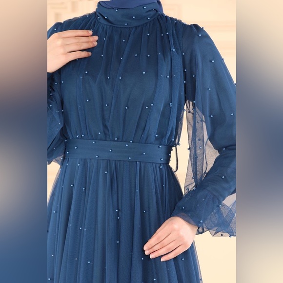 Beaded Blue Tulle Ball Gown - Picture 2 of 9